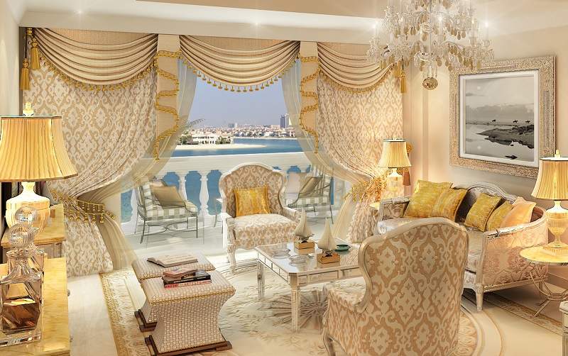 杜拜翡翠宮凱賓斯基酒店金碧輝煌的豪華客房。
